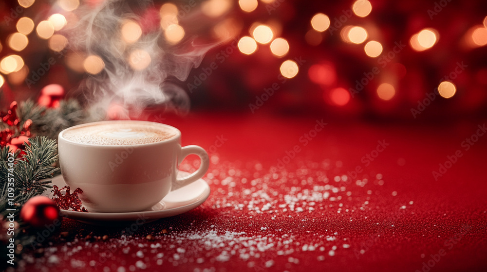 Warm cup of coffee sits on a red table surrounded by festive decorations and twinkling lights Warm cup of coffee sits on a red table surrounded by festive decorations and twinkling lights