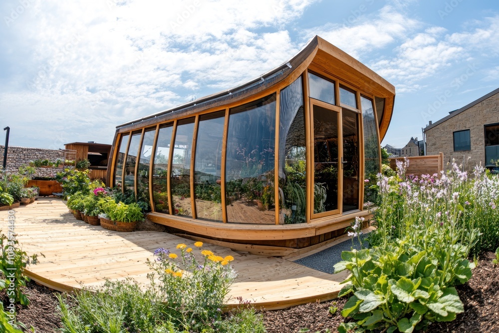 A modern greenhouse with a curved wooden design surrounded by vibrant flowers and plants. A modern greenhouse with a curved wooden design surrounded by vibrant flowers and plants.