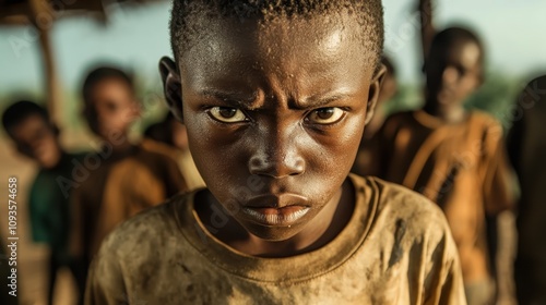 A child with an intense, focused expression stands among peers, portraying resilience and determination, captured in an environment rich with earthy tones and depth.