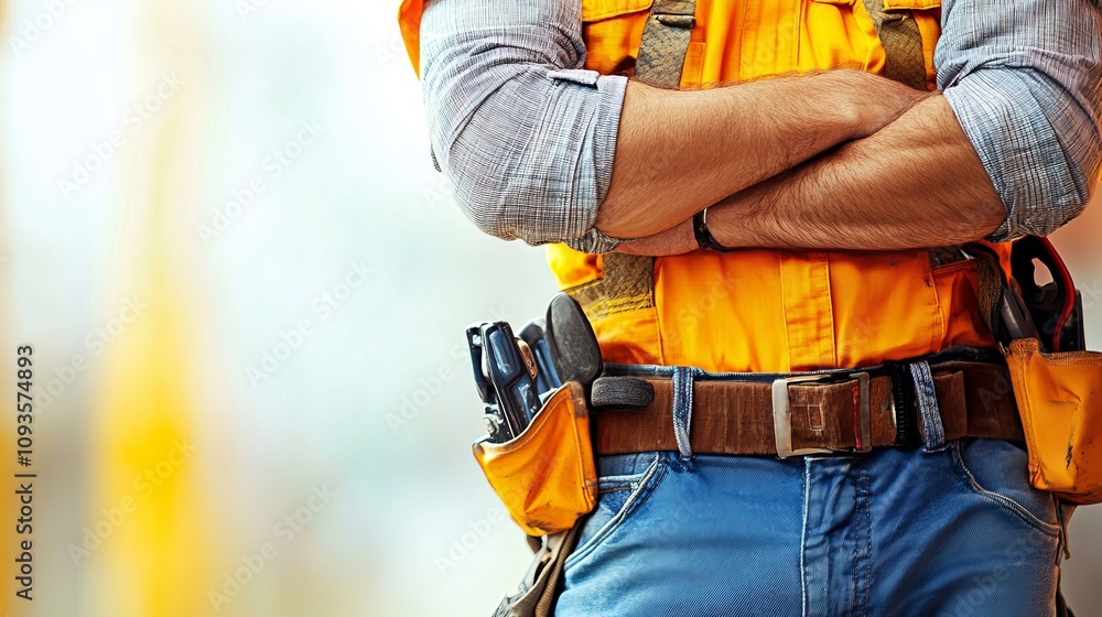A construction worker in bright safety gear poses confidently, equipped with various tools, representing hard work, dedication, and the essence of architecture. A construction worker in bright safety gear poses confidently, equipped with various tools, representing hard work, dedication, and the essence of architecture.