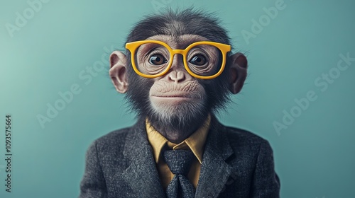 A playful chimpanzee wearing oversized glasses and a stylish suit, juxtaposed against a neutral background, evoking a blend of amusement and sophistication.