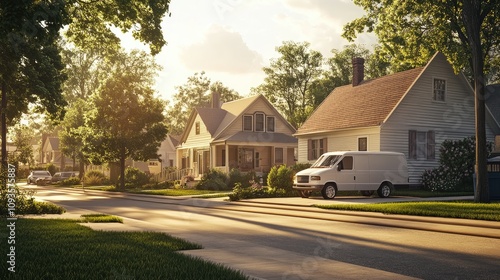 Suburban Homescape Golden Hour Sunlight Van photo