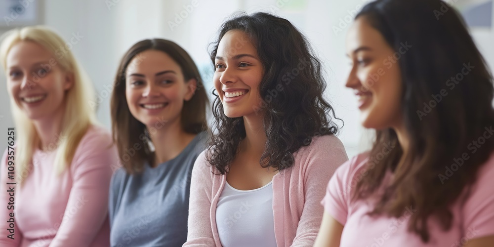 A group of women are sitting together and smiling. They are all wearing pink shirts. Scene is happy and friendly A group of women are sitting together and smiling. They are all wearing pink shirts. Scene is happy and friendly