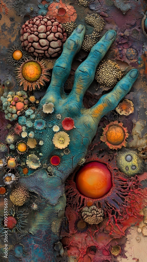 A painting of a hand surrounded by many different colored objects A painting of a hand surrounded by many different colored objects