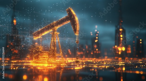 A futuristic digital representation of an oil rig, intricately illuminated by orange lights, set against a dark backdrop, symbolizing industrial progress and innovation. photo