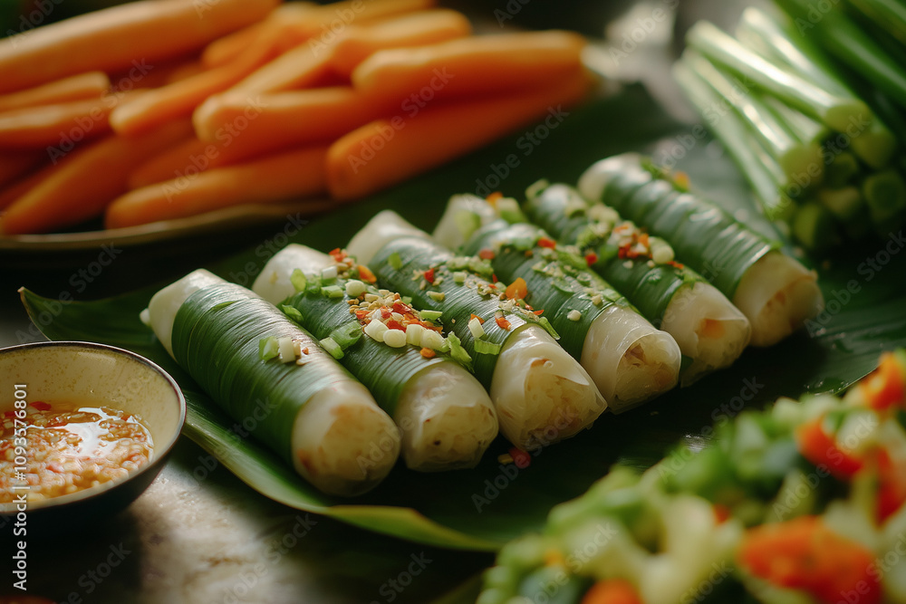 Lumpia rolls on banana leaves with fresh vegetables and a side of chili-flaked vinegar sauce, highlighting authenticity and freshness. Lumpia rolls on banana leaves with fresh vegetables and a side of chili-flaked vinegar sauce, highlighting authenticity and freshness.