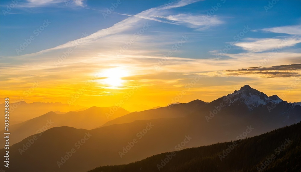 Golden Hour Over Majestic Mountain Range with Scenic Sunset Horizon Golden Hour Over Majestic Mountain Range with Scenic Sunset Horizon