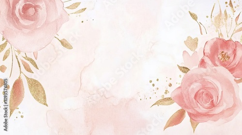 Delicate Pink Roses and Gold Accents Watercolor Painting