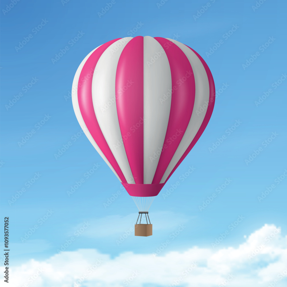 Fototapeta premium Vector Travel Banner with 3d Realistic Hot Air Balloon Icon on a Blue Sky Background. Design Template, Summer Vacation, Travelling, Tourism and Journey Concept