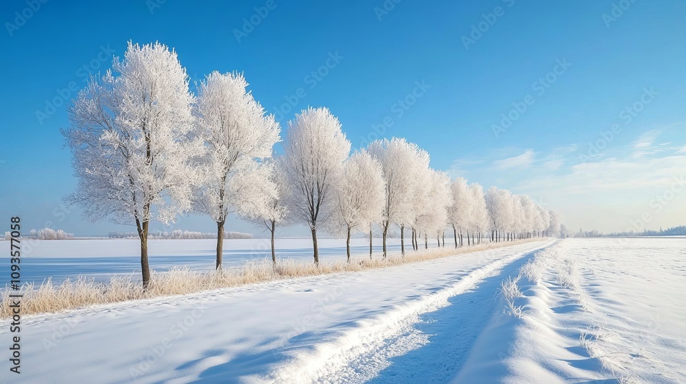 A picturesque row of frosty trees borders a tranquil snow-laden path beneath a vibrant blue sky, evoking solitude and serenity in a winter wonderland landscape. A picturesque row of frosty trees borders a tranquil snow-laden path beneath a vibrant blue sky, evoking solitude and serenity in a winter wonderland landscape.