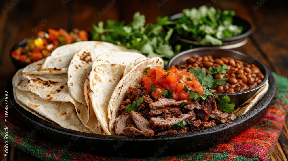 A mouthwatering spread of tacos with a side of beans and garnished with fresh salsa and leafy greens, beautifully arranged on a rustic wooden table display. A mouthwatering spread of tacos with a side of beans and garnished with fresh salsa and leafy greens, beautifully arranged on a rustic wooden table display.