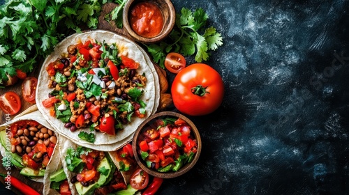 A delectable assortment of tacos filled with various toppings, surrounded by ripe tomatoes and herbs, creating a vivid culinary landscape. photo