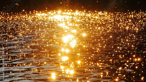 Scintillating golden sparkles dance across a tranquil, rippling water surface under the sunlight, creating a mesmerizing and serene natural beauty scene. photo