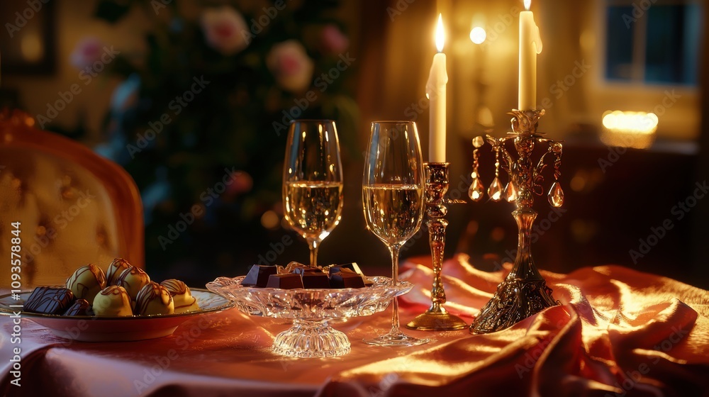 Luxurious dinner table adorned with a silk pink tablecloth, ornate candelabra, sparkling wine glasses, and a crystal dish of chocolates. A romantic, elegant setting for special occasions. Luxurious dinner table adorned with a silk pink tablecloth, ornate candelabra, sparkling wine glasses, and a crystal dish of chocolates. A romantic, elegant setting for special occasions.