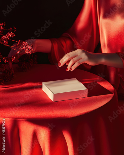 In soft lighting, a hand reaches for a gift box on a red table, matched by silk fabric and delicate flowers, evoking mystery and elegance. photo