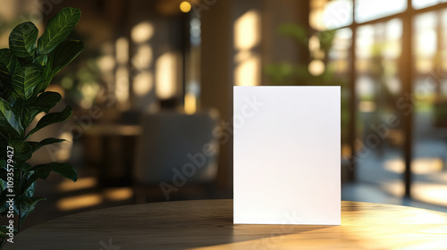Wallpaper Mural blank white paper mockup in table tent on glass light blur office background, empty poster, advertisement template, menu in cafe, sign, copy space, place for text Torontodigital.ca