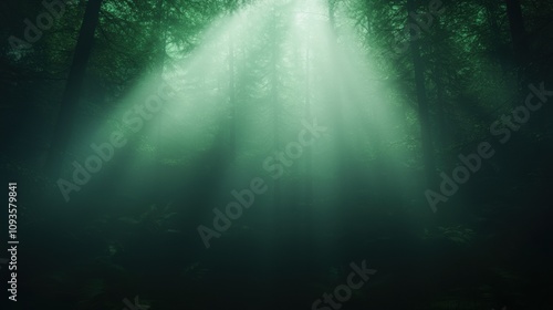 A forest with sunlight shining through the trees