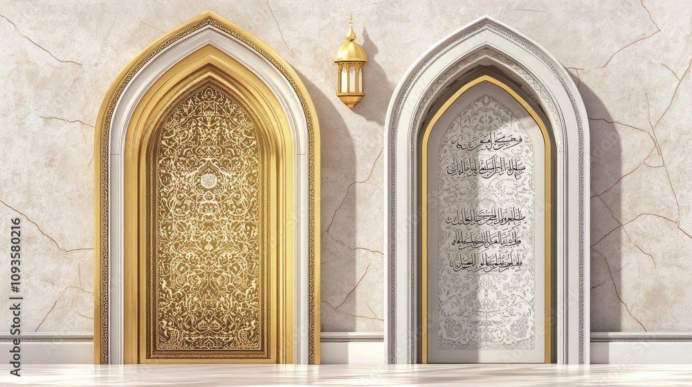Ornate golden and white arched doors with Islamic calligraphy on a marble wall. Ornate golden and white arched doors with Islamic calligraphy on a marble wall.