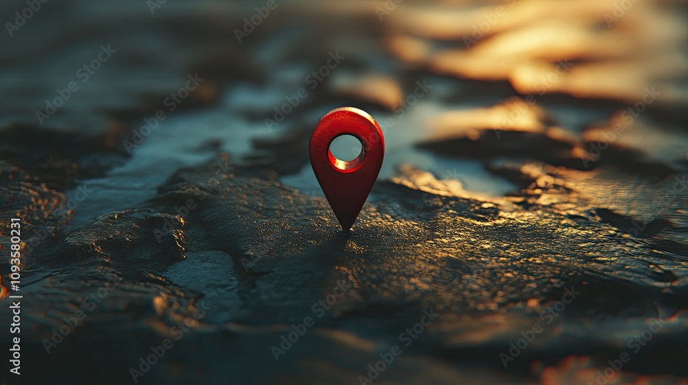 Red map pin on dark, textured ground at sunset. Red map pin on dark, textured ground at sunset.