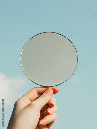 A hand grasps a round mirror against a clear sky, reflecting light, symbolizing self-reflection and clarity beneath the open expanse.