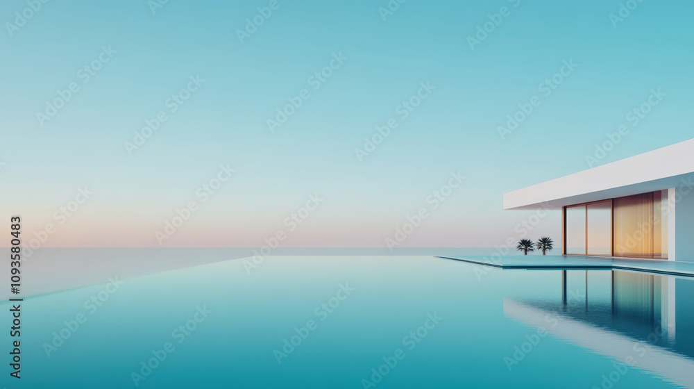 A tranquil infinity pool adjoins a modern minimalist home against a serene ocean sunset, creating an atmosphere of luxury and calm. Copy space for your text. A tranquil infinity pool adjoins a modern minimalist home against a serene ocean sunset, creating an atmosphere of luxury and calm. Copy space for your text.