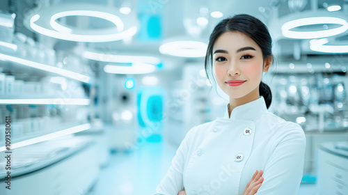 A confident professional in a pristine white lab coat stands in a futuristic, high-tech laboratory, surrounded by sleek, modern equipment.