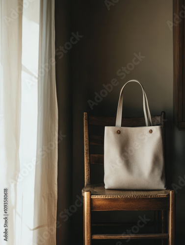 A solitary beige tote bag rests on a wooden chair by a softly lit window, conveying warmth and simplicity in a quiet space.