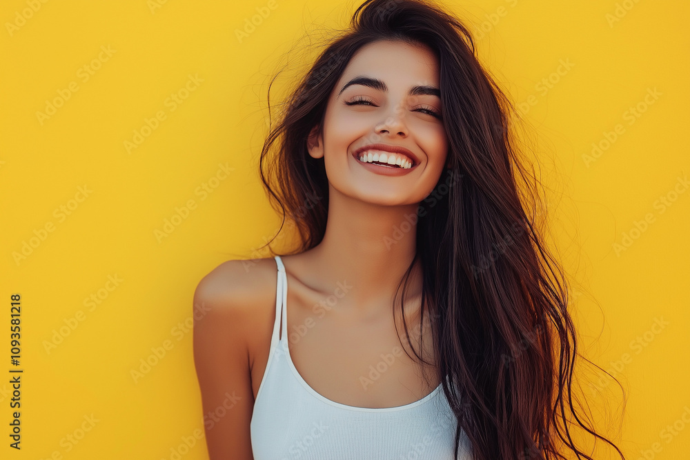 Portrait of Latin woman on yellow background