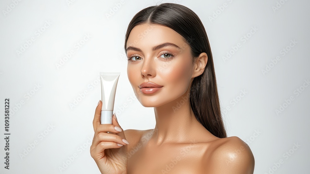 Stunning Young Woman Holding a Tube of Facial Cream Against a Soft Neutral Background, Perfect for Beauty and Skincare Promotions in Advertising Campaigns Stunning Young Woman Holding a Tube of Facial Cream Against a Soft Neutral Background, Perfect for Beauty and Skincare Promotions in Advertising Campaigns