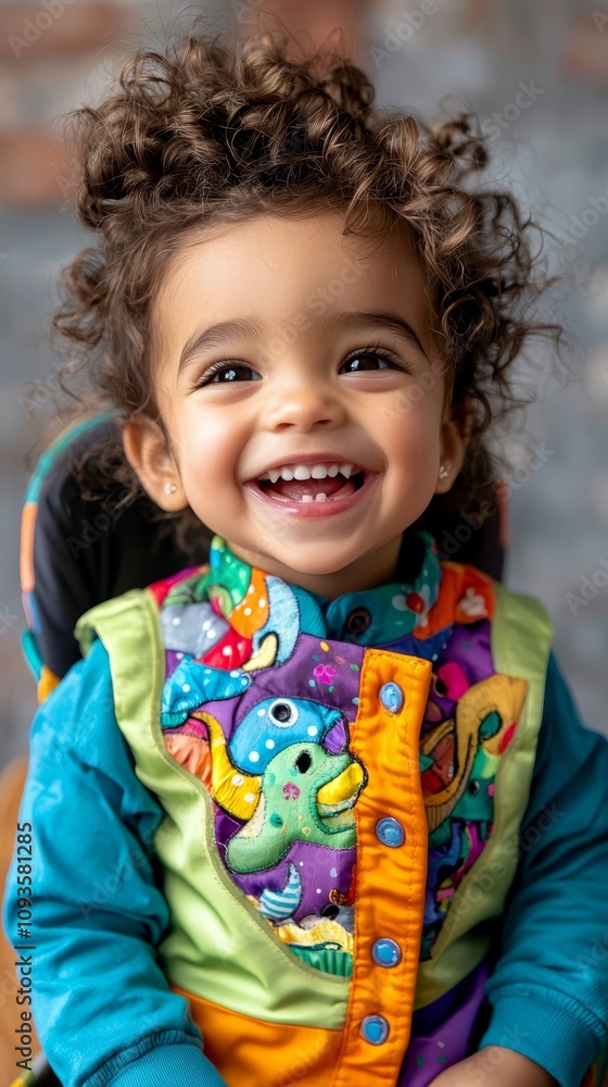 A little girl with curly hair smiles at the camera A little girl with curly hair smiles at the camera