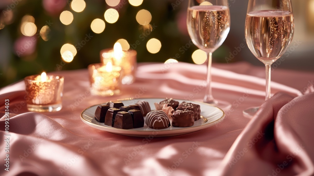 Elegant table arrangement with pink satin fabric, white roses, lit candles, wine glasses, and a plate of assorted chocolates, creating a romantic and sophisticated atmosphere. Elegant table arrangement with pink satin fabric, white roses, lit candles, wine glasses, and a plate of assorted chocolates, creating a romantic and sophisticated atmosphere.