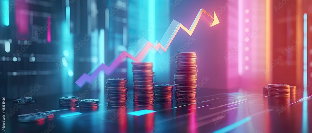 Rising stacks of coins with upward trending graph in neon light. Rising stacks of coins with upward trending graph in neon light.