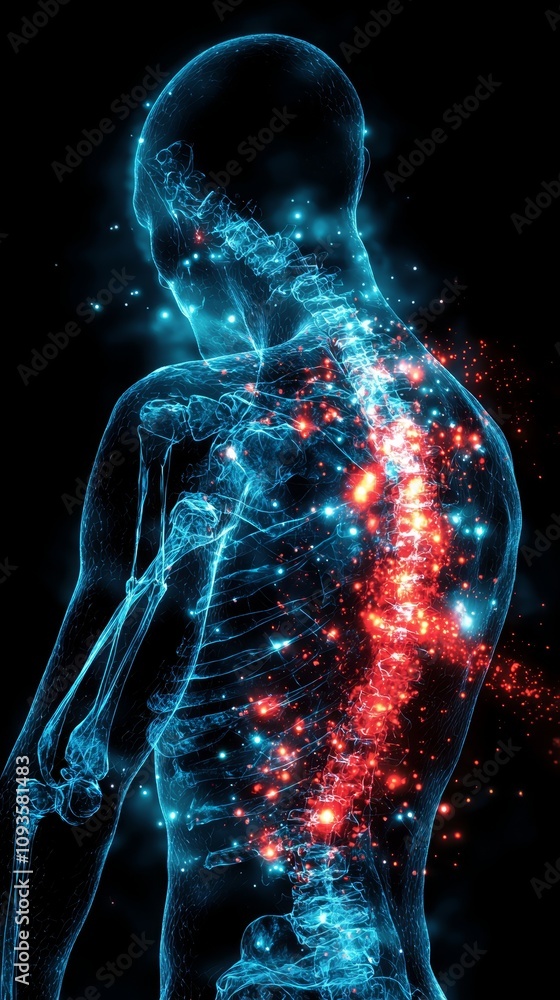 A 3D illustration of a human skeleton with a highlighted spine A 3D illustration of a human skeleton with a highlighted spine