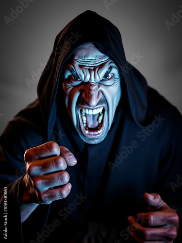 Terrified Monk in Cassock Expressing Fury and Anger with Intense Facial Expression photo