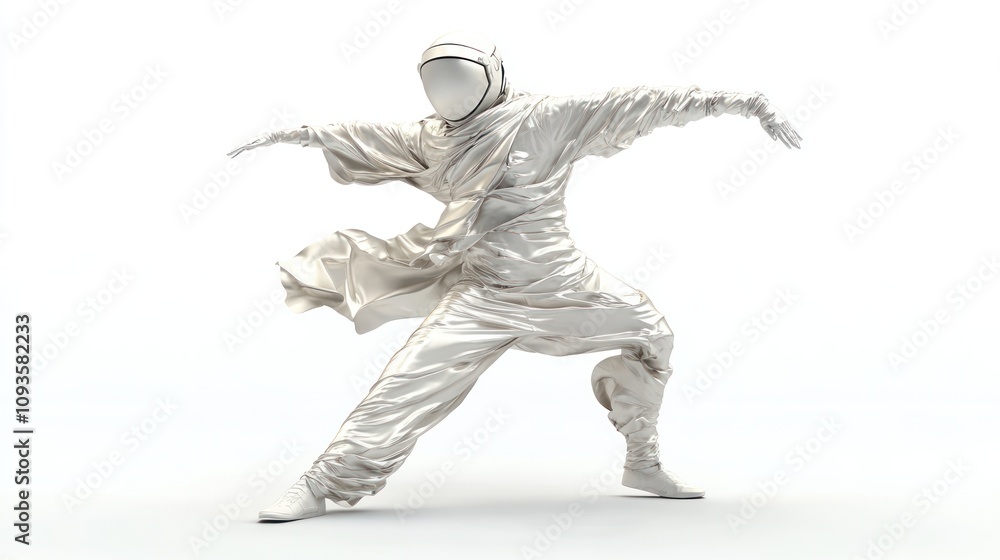 A figure in a shiny silver outfit poses dynamically against a white background. A figure in a shiny silver outfit poses dynamically against a white background.