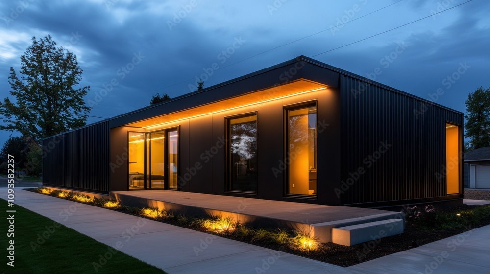 A large black house with a yellow trim and a porch A large black house with a yellow trim and a porch