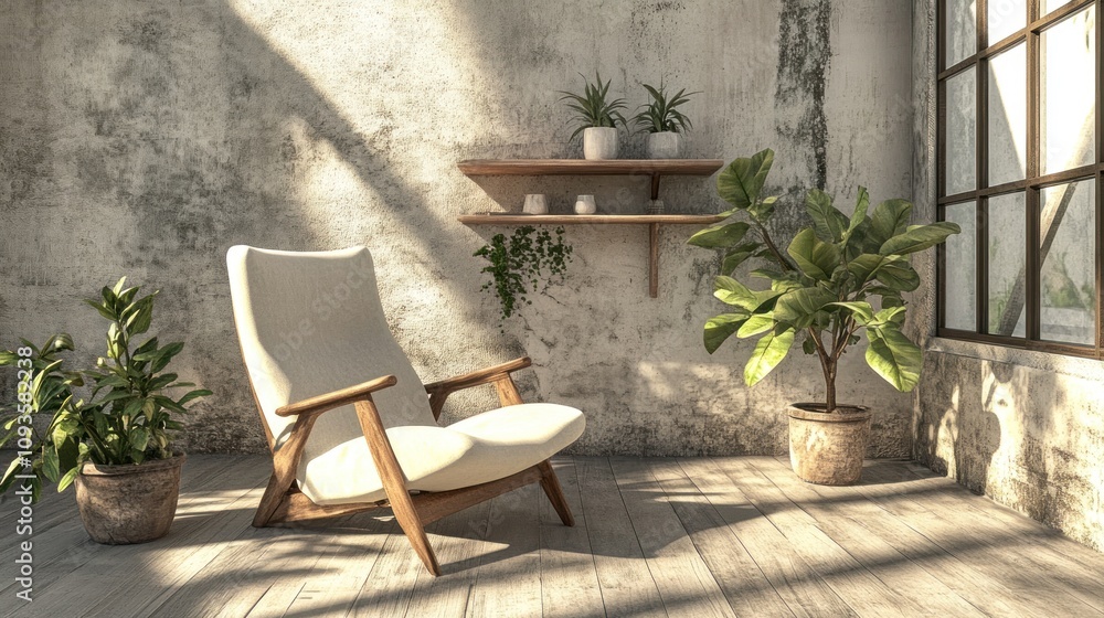 A cozy, minimalist interior featuring a chair, plants, and natural light. A cozy, minimalist interior featuring a chair, plants, and natural light.