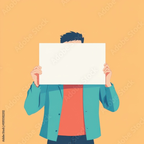 Minimalist illustration of a man holding a blank white poster, used for mockup and for creative concept designs.