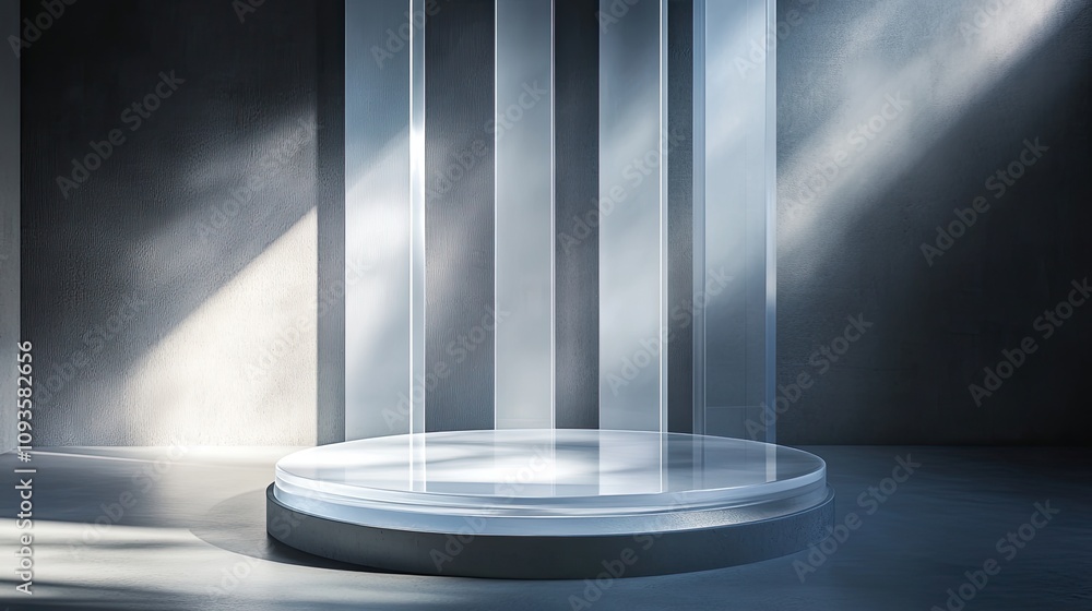 Illuminated circular platform in modern room.