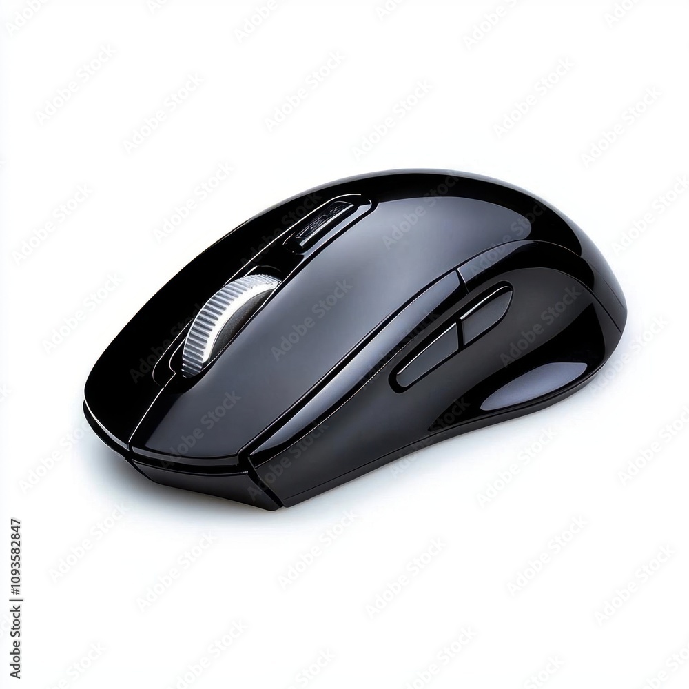 A photostock of a sleek black computer mouse, centered on a minimal white background. High Quality A photostock of a sleek black computer mouse, centered on a minimal white background. High Quality