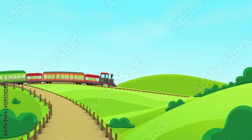 Colorful Cartoon Train Traveling Through a Scenic Countryside
