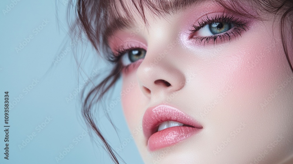 A woman with green eyes and pink lips A woman with green eyes and pink lips