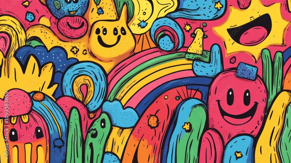 Vibrant Doodle Wonderland: A Colorful Explosion of Joyful Characters and Whimsical Shapes Vibrant Doodle Wonderland: A Colorful Explosion of Joyful Characters and Whimsical Shapes