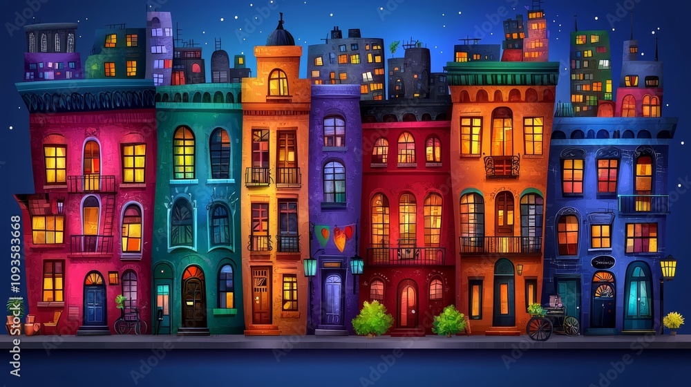 Fototapeta premium A row of colorful buildings in a city at night