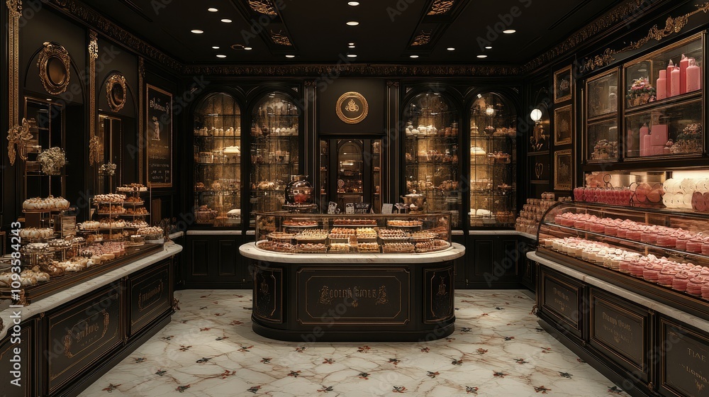 Elegant pastry shop interior showcasing a variety of desserts and pastries in a luxurious setting. Elegant pastry shop interior showcasing a variety of desserts and pastries in a luxurious setting.