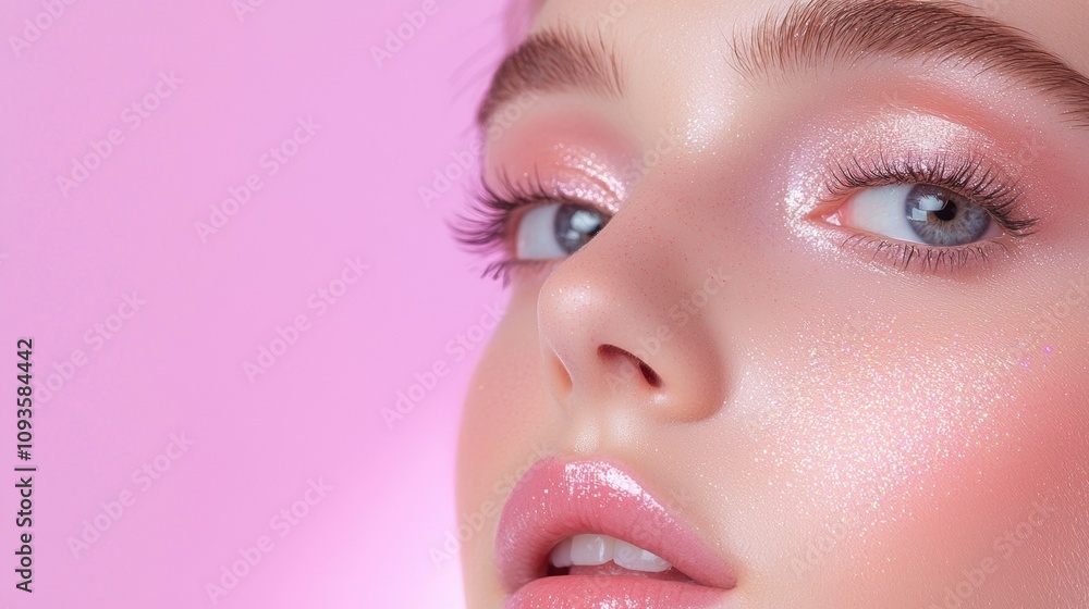Fototapeta premium A woman with pink hair and pink eyeshadow
