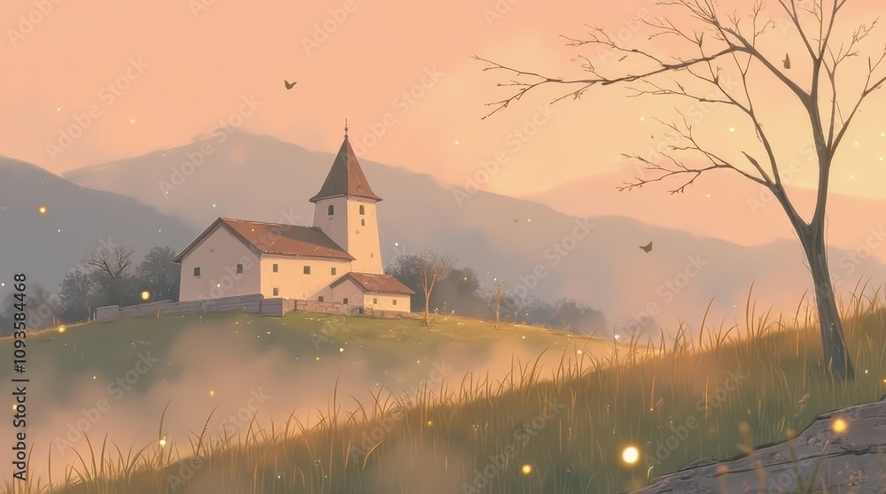 Fototapeta premium Tranquil Church on a Hill at Sunset – Peaceful Countryside Illustration