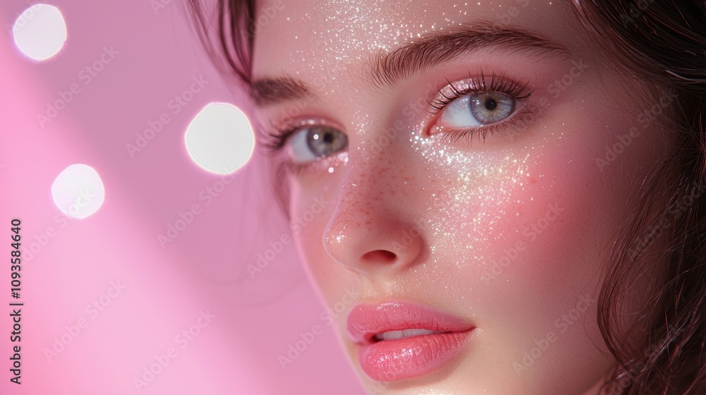 A woman with a pink background and a sparkly eye makeup A woman with a pink background and a sparkly eye makeup