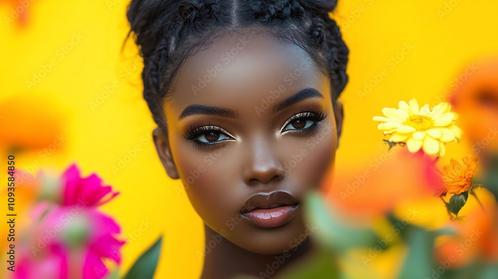 Close-up portrait of a young Black woman with flowers. Close-up portrait of a young Black woman with flowers.