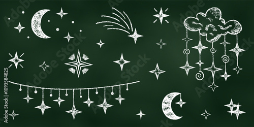 Realistic Chalk Drawn Sketch. Set of Design Elements Stars, Moons, Cloud Isolated on Chalkboard Backdrop.